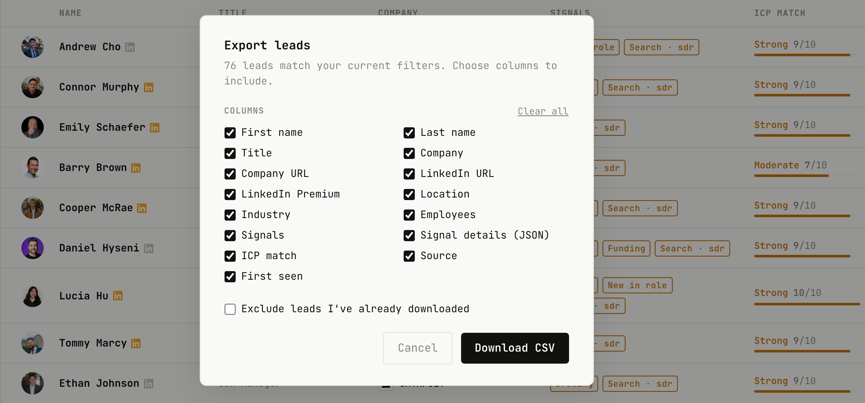 Export leads to CSV — choose columns